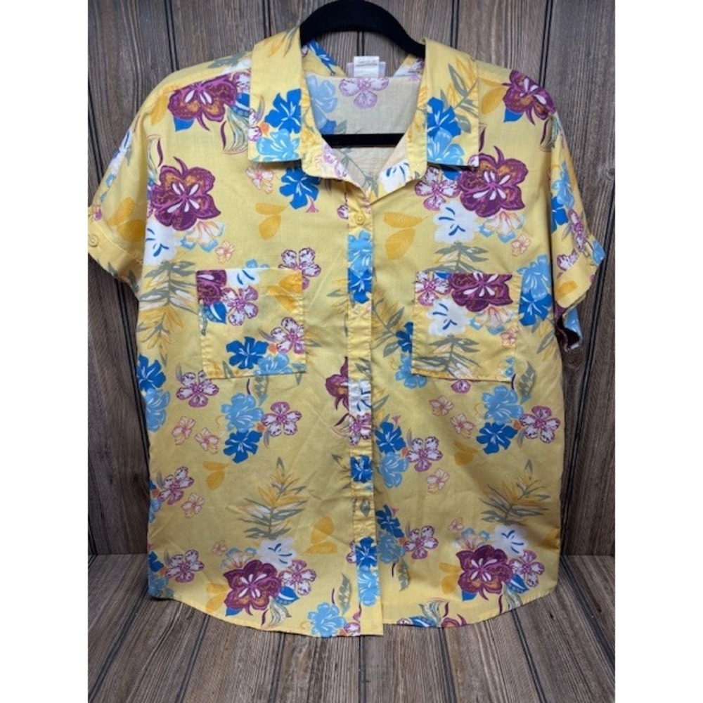 American Sweetheart Yellow Floral Tropical Button Down Shirt Womens Large